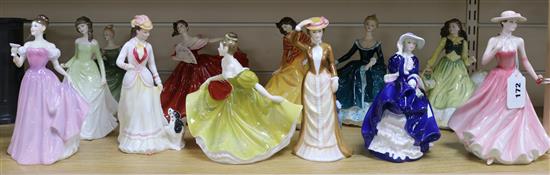 Twelve Royal Doulton figures: Linda, Jasmine, Chloe (2), Michelle, April, Top oThe Hill, Anna of Five Towns, Sarah, Congratulations to